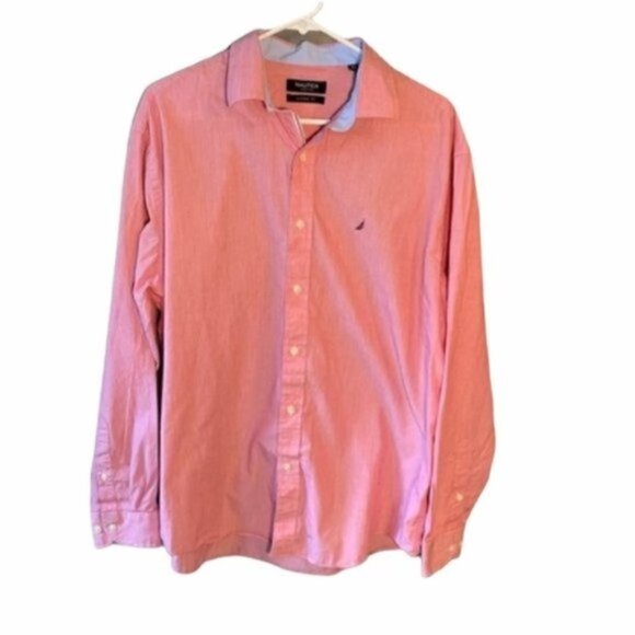 Nautica Button Down Dress Shirt Red White Pinstripe - Picture 1 of 8